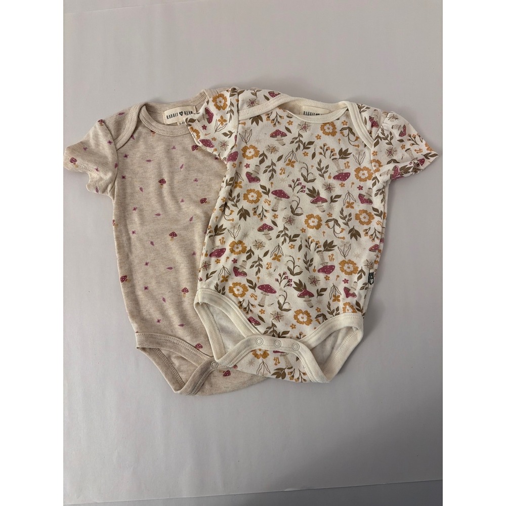 Rabbit + Bear Bodysuits Baby 3-6M Beige Excellent Mushroom Floral 2-Pack‎